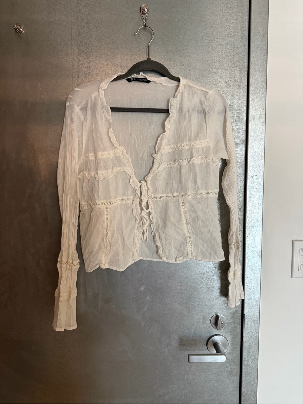 Zara Cream Tie-Front Ruffle Lace Blouse
